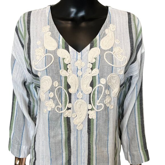 Soft Surroundings Blue Green Striped Embroidered Tunic Top Cotton Blend Medium - Picture 4 of 10
